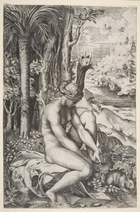 Venüs, ağaçların yanında bir bez üzerine otururken sol ayağından bir diken çıkarırken, bir ..., yakl. 1515-27. by Marco Dente