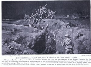 Onbaşı Jacka, bir kişinin yedi kişiyi nasıl yenebileceğini göstererek VC kazandı Mayıs 1915 (lito)