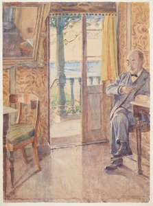 Bir verandada oturan ressam Tom Petersen