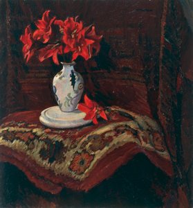 Kırmızı zambaklı kilim ve vazo, Mario Puccini (1869-1920), tuval üzerine yağlıboya, 64x59 cm. by Mario Puccini