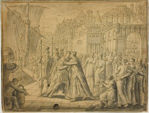 Dido ve Aeneas Kartaca Kapıları Önünde Kucaklaşıyor by Marten de Vos