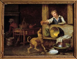 Mutfak iç Genç bir hizmetçi köpeğe yemek artıklarını verir. Martin Drolling (1752-1817) tarafından yapılan boyama 19. yüzyıl Orleans, Güzel Sanatlar Müzesi