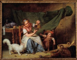 Kadın ve Fare Bir kız, kedinin ve bir bebeğin önünde bir fare yakalayıcı tutar. Martin Drolling (1752-1817) 1798 Sun tarafından boyama. 0,25x0,35 m Orleans. güzel Sanatlar Müzesi