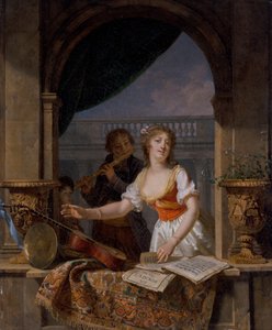Taş Pencerenin Önünde Gitara Uzanan Genç Bir Bayan ve Ötesinde Flüt Çalan Bir Çocuk by Martin Drölling