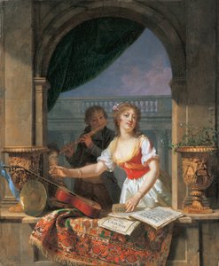 Taş bir kanatta gitara uzanan genç bir bayan ve ötesinde flüt çalan bir çocuk, 1796-97