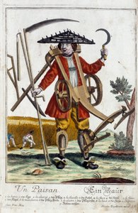A peasant. Engraving by Martin Engelbrecht (1684-1756), in “” New assembly of the manouvries habilles”” 18th century, Germany. Paris, Decorative Arts by Martin Engelbrecht