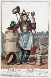 Çeşme, bardak, sürahi, kova, fıçı, tokmak, kase, broc, kazan ile bir bira üreticisinin temsili. Martin Engelbrecht (1684-1756) tarafından yapılan gravür by Martin Engelbrecht