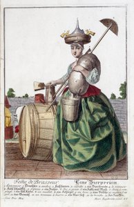 Kafasında huni, tahıl torbası, kase, kova, bira fıçısı taşıyan bira üreticisinin karısının temsili. Martin Engelbrecht (1684-1756) tarafından yapılan gravür