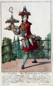 Şekerci: Bir tepsi şeker ve şekerleme tutan genç bir adam. Gravür Martin Engelbrecht (1684-1756) 18. yüzyıl. Paris, Dekoratif Sanatlar