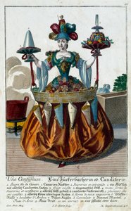 Şekerci: Bir tepsi şeker ve şekerleme tutan genç bir kadın. Gravür Martin Engelbrecht (1684-1756) 18. yüzyıl. Paris, Dekoratif Sanatlar