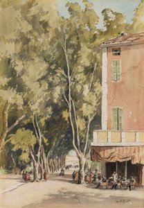 "Çınar ağaçlarının olduğu bir cadde, Vaison", Vaucluse, Ekim 1933 (kağıt üzerine mürekkep ve sulu boya) by Martin Hardie