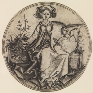 Oturan Bayan, Tek Boynuzlu Atlı Kalkanı Tutuyor, yaklaşık. 1435-1491., yakl. 1435-1491. by Martin Schongauer