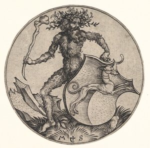 Wild Man tarafından düzenlenen Greyhound ile Kalkan, ca. 1435-1491. by Martin Schongauer