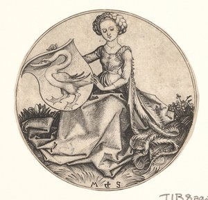 Kuğu ile Kalkan Kadın Tarafından Tutuldu, ca. 1435-1491. by Martin Schongauer