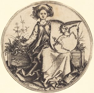 Kadın tarafından düzenlenen tek boynuzlu at ile kalkan by Martin Schongauer