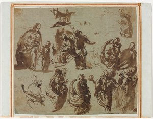 Madonna ve Çocuğun Çeşitli Eskizleri (rekto) Mimari Çalışmalar (verso) [rektoda kısmen görülebilir] by Martin Schongauer