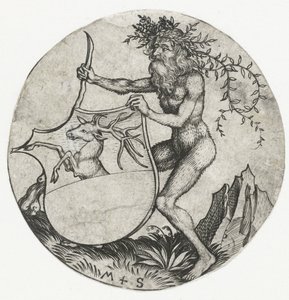 Bir topuz ile vahşi bir adam tarafından tutulan bir geyik ile arması Armalı rakamlar (dizi adı) by Martin Schongauer