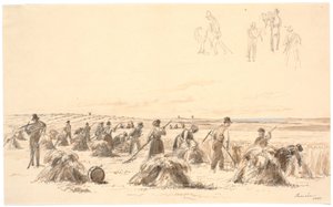 Tarlada hasat işçileri. Arka planda değirmenler ve deniz by Martinus Rørbye