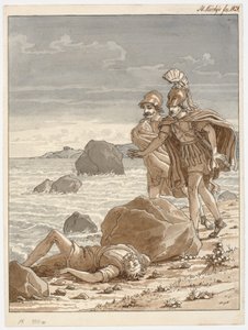 İki savaşçı sahile vurmuş bir adam bulur. by Martinus Rørbye
