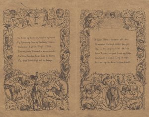 Yazılı "Çocuklar için Yarım Yüz Masal" için hayvanlarla sapan bağlantı süslemeli iki kapak by Martinus Rørbye