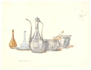 Türk gemileri, bir sürahi ve iki şişe by Martinus Rørbye