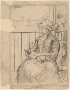 Susan Bir Balkonda Köpek Tutarak [recto], c. 1883. by Mary Cassatt