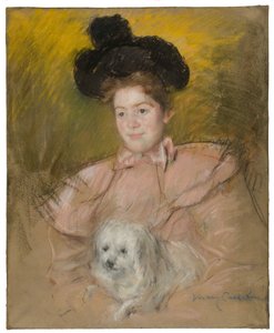 Ahududu Kostümlü, Köpek Tutan Kadın, c. 1901. by Mary Cassatt