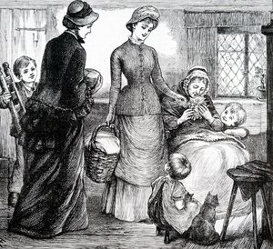 Fakir bir kulübeye hediyeler veren bir kadın. İngiliz sanatçı Mary Ellen Edwards (1838-1934) tarafından by Mary Ellen Edwards