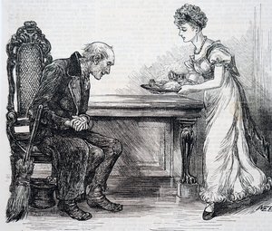 Karşıdan karşıya süpürücüye sıcak bir akşam yemeği veren bir kadın. İngiliz sanatçı Mary Ellen Edwards (1838-1934) tarafından by Mary Ellen Edwards