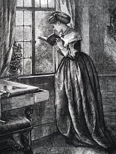 Açık bir pencerenin yanında kitap okuyan genç bir kadın. by Mary Ellen Edwards