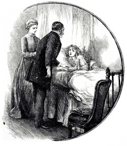 Genç hastasını evde ziyaret eden bir doktoru betimleyen bir gravür. Mary Ellen Edwards (1838-1934) tarafından çizilen bir İngiliz sanatçı ve çocuk kitaplarının üretken illüstratörü by Mary Ellen Edwards
