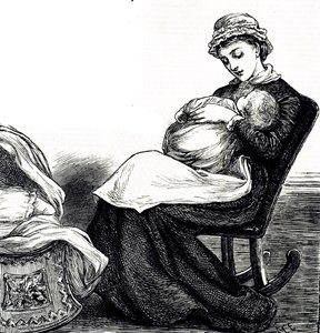 Bebeğini sallayan bir anneyi betimleyen bir gravür. Resimli Mary Ellen Edwards (1838-1934) bir İngiliz sanatçı ve çocuk kitaplarının üretken illüstratörü by Mary Ellen Edwards