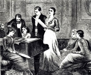Müzikli bir akşamı tasvir eden bir gravür. Mary Ellen Edwards (1838-1934) tarafından çizilen bir İngiliz sanatçı ve çocuk kitapları illüstratörü by Mary Ellen Edwards