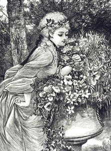 Bir bahçe vazosunda çiçek kokan genç bir kızı betimleyen bir gravür. Mary Ellen Edwards (1838-1934) tarafından çizilen bir İngiliz sanatçı ve çocuk kitapları illüstratörü by Mary Ellen Edwards