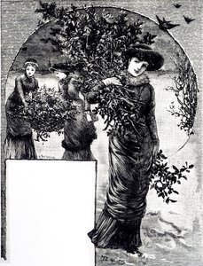 Noel dekorasyonu için kutsal ve yaprak dökmeyen koleksiyonunu gösteren bir gravür. Mary Ellen Edwards (1838-1934) tarafından çizilen bir İngiliz sanatçı ve çocuk kitapları illüstratörü by Mary Ellen Edwards