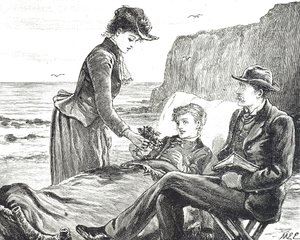 Deniz kenarında sakat bir çocuğu tasvir eden gravür by Mary Ellen Edwards