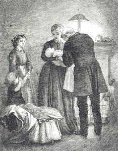 Kızamıklı bir bebeği muayene eden bir doktoru tasvir eden gravür by Mary Ellen Edwards