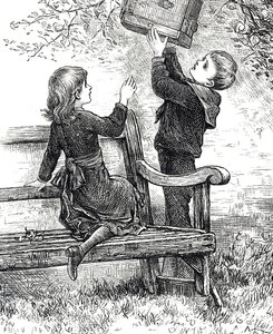 Kafeste evcil serçeleriyle çocukları tasvir eden gravür by Mary Ellen Edwards