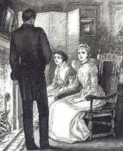 Şöminenin yanında ısınan iki kadını betimleyen gravür by Mary Ellen Edwards