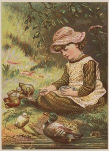 Ördek yavrularını besleyen kız (chromolitho)