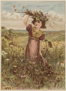 Çiçekleri ve kelebekleri olan kız (chromolitho) by Mary Ellen Edwards