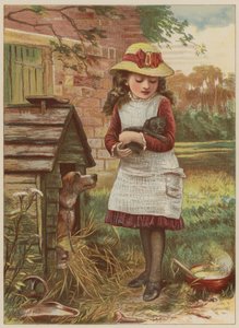 Köpek yavrusu olan kız (chromolitho)