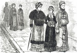 Soğuk havalarda ellerini sıcak tutmak için manşonlu genç kadınları gösteren illüstrasyon by Mary Ellen Edwards