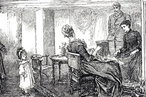 Bir öğleden sonra teyzeleri ve amcası tarafından bakılan küçük bir kızın illüstrasyonu by Mary Ellen Edwards