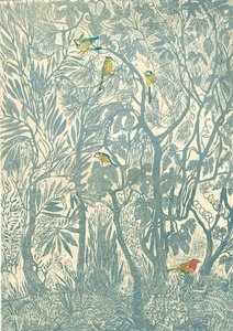 Mutfak penceresinden kuş gözlemciliği: robin, 2012 (vinil gravür, kabartma baskı) by Mary Kuper