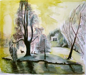 Stourhead, akşam gölü, 2006 (suluboya) by Mary Kuper