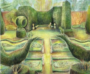 The Long Garden, Cliveden, kuşlar, 2002 (gemide yağ) by Mary Kuper