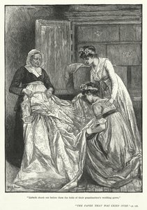 "Lisbeth, büyükannelerinin gelinliğinin kıvrımlarını önlerinde salladı" (gravür)