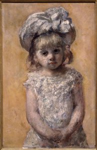 Kız ya da dantel elbise portresi. Beyaz elbiseli küçük bir kızın portresi üzgün görünüyor. Amerikalı Mary Cassatt