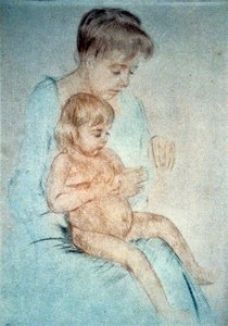 Tırnaklarına manikür yaparken küçük çıplak çocuğu kucağında tutan kadın, c1904. Pastel. Mary Cassatt (1844-1926) 1866'dan itibaren ağırlıklı olarak Fransa'da yaşayan Amerikalı ressam ve matbaacı. Aile içi Anne Çocuk